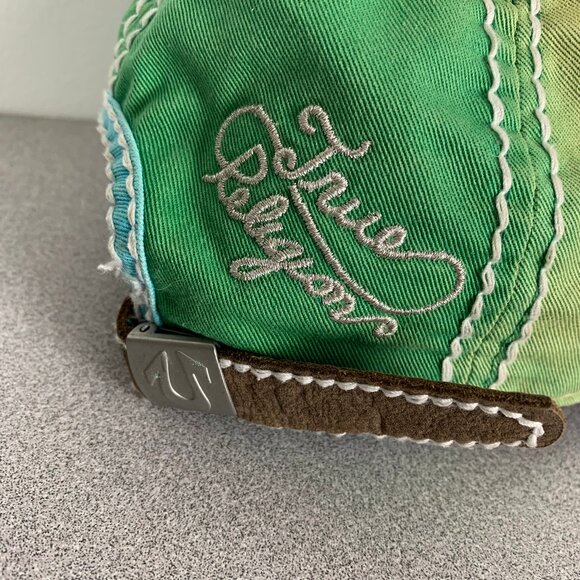 True Religion Distressed Green Yellow Blue Hat Y2K Strapback Cap main image 7